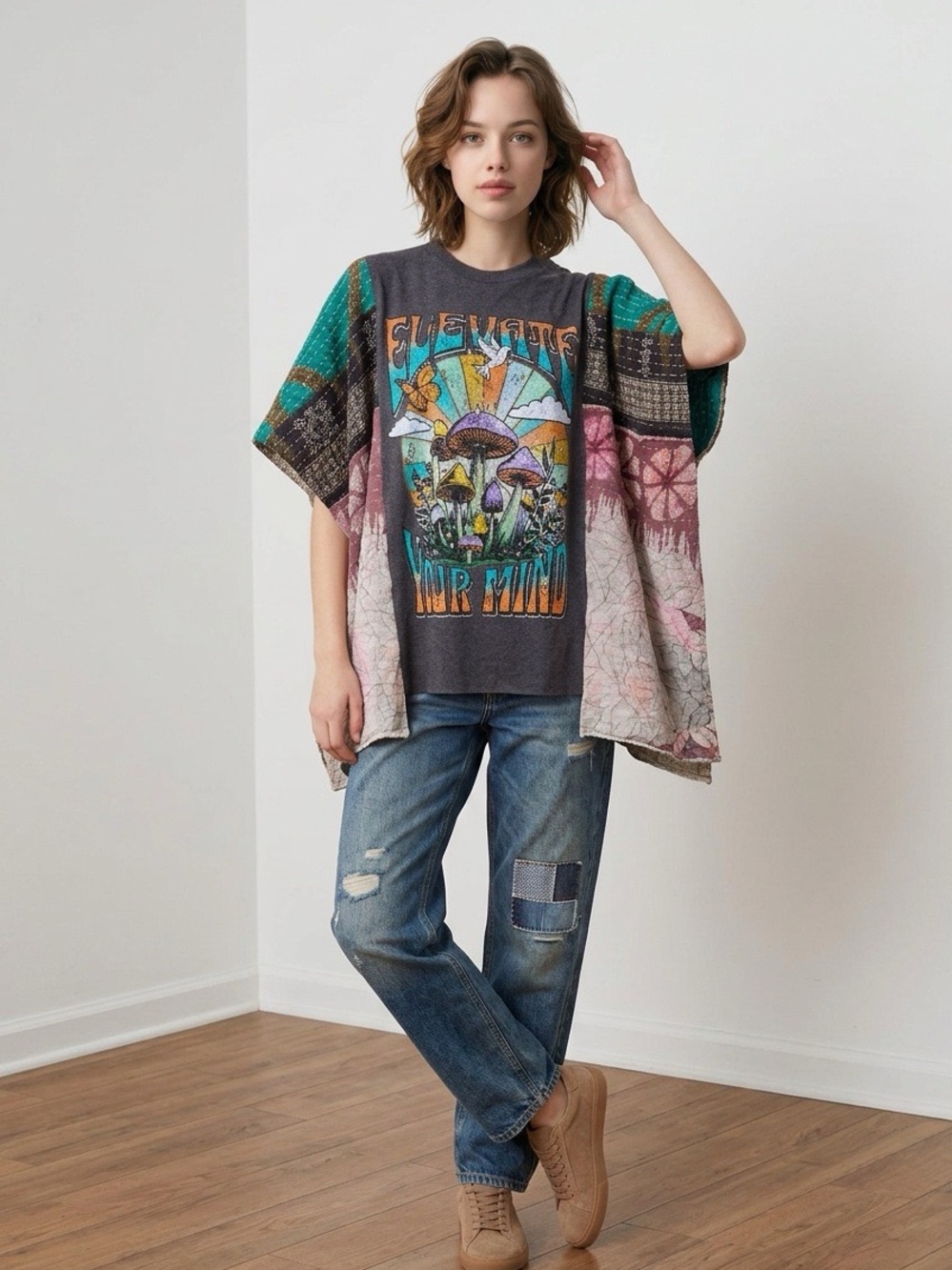 Handcrafted Upcycled Elevate Your Mind Kantha Tunic NWT One Size